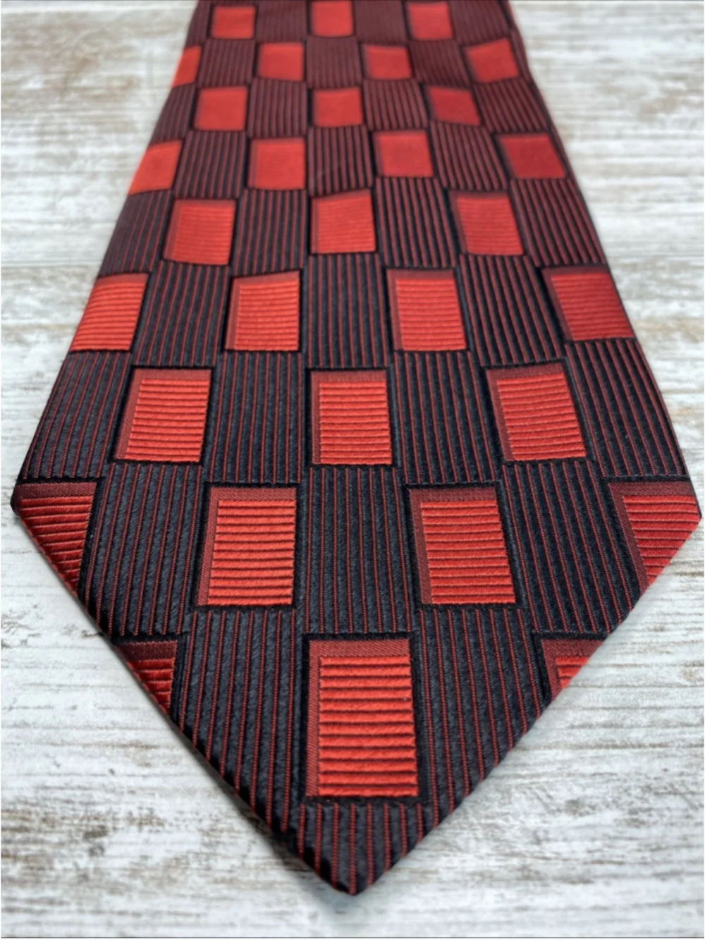Woodward Italy Silk Necktie Vintage 1990s Red Black Geometric Box Pattern 4”